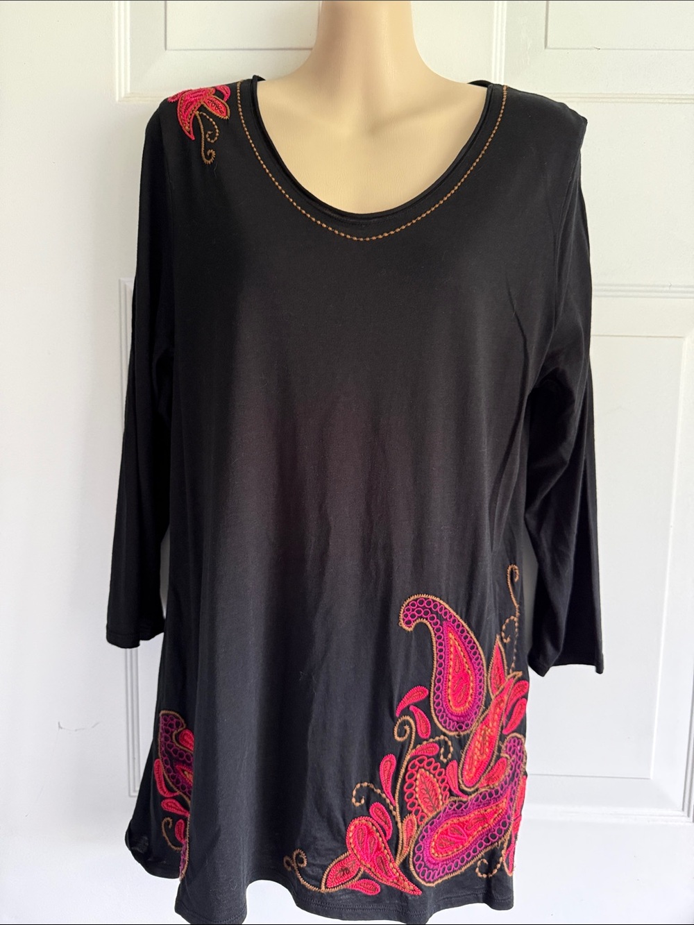 J. Jill Black Tunic Top with Pink Paisley Embroidery
